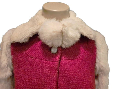 VINTAGE 1940s 1950s CHILD'S CRANBERRY WINTER COAT WITH RABBIT FUR & POM POMS