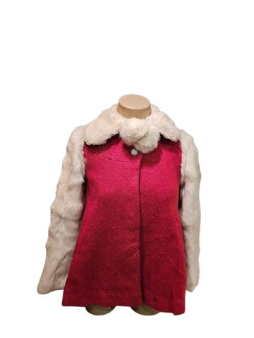 VINTAGE 1940s 1950s CHILD'S CRANBERRY WINTER COAT WITH RABBIT FUR & POM POMS