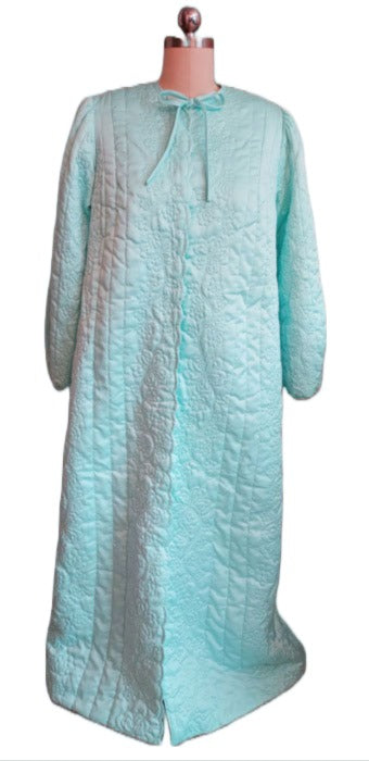GLAMOROUS 1960s VINTAGE CYMBAE SCALLOPED SATIN QUILTED ROBE WITH BOW TIE IN GLACIER BLUE FROM HONG KONG