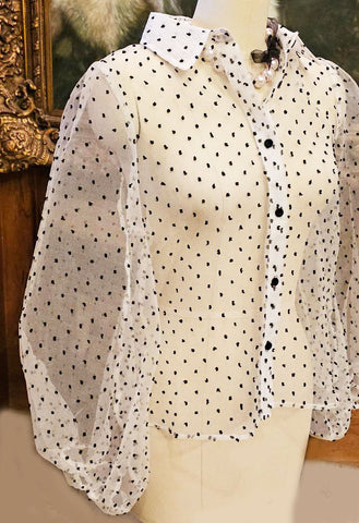 NEW WITH TAG - BEAUTIFUL SHEER WHITE BLOUSE WITH BLACK DOTS AND HUGE PUFFY SLEEVES