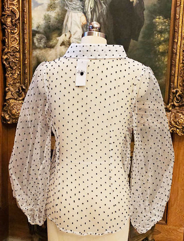 NEW WITH TAG - BEAUTIFUL SHEER WHITE BLOUSE WITH BLACK DOTS AND HUGE PUFFY SLEEVES