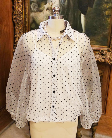 NEW WITH TAG - BEAUTIFUL SHEER WHITE BLOUSE WITH BLACK DOTS AND HUGE PUFFY SLEEVES