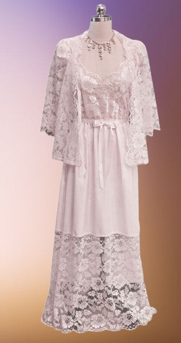VINTAGE DEENA PALE PINK LACEY SATIN PEIGNOIR & GOWN SET - NEW OLD STOCK