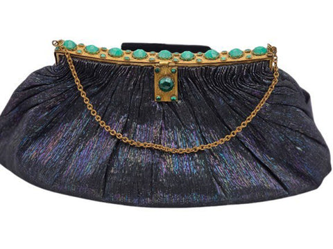 DETUZ 1940S BLACK IRIDESCENT EVENING BAG WITH EMERALD RHINESTONES, GOLD FRAME & CHAIN HANDLE