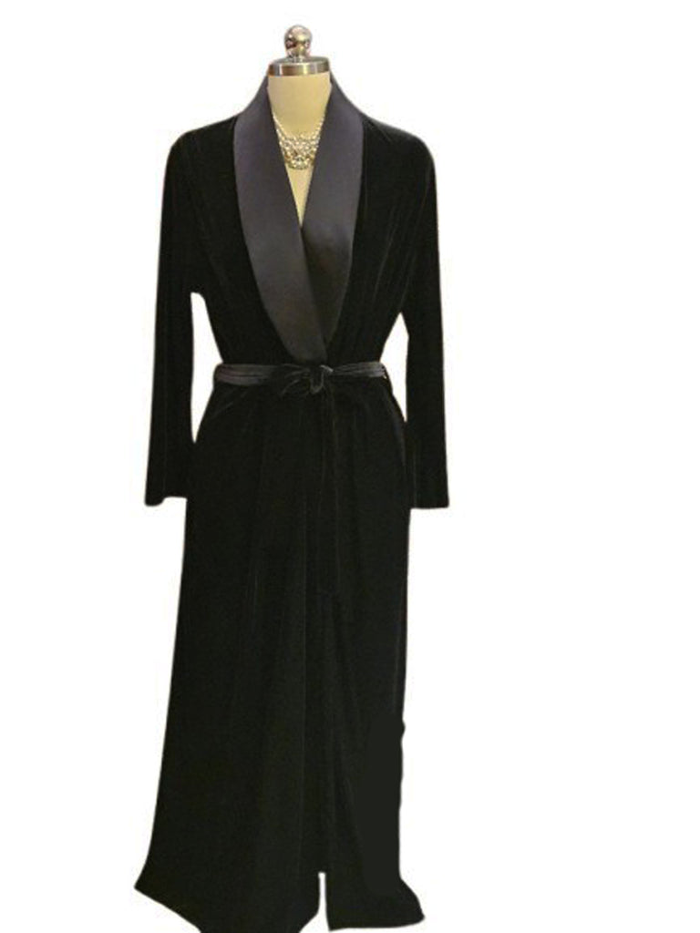 VINTAGE PREOWNED DIAMOND TEA VELOUR ROBE – “TUXEDO BLACK” – RARE ALL BLACK SATIN LAPEL WRAP