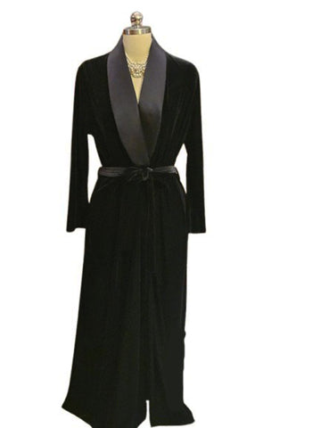VINTAGE PREOWNED DIAMOND TEA VELOUR ROBE – “TUXEDO BLACK” – RARE ALL BLACK SATIN LAPEL WRAP