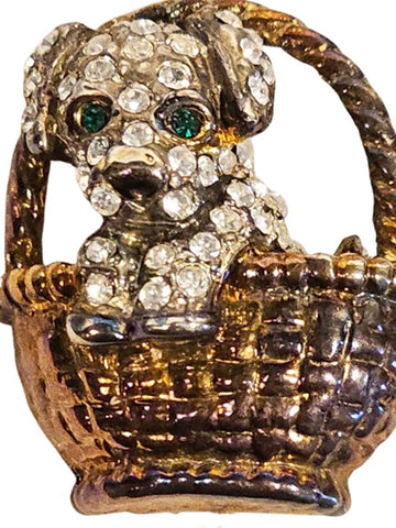 VINTAGE PUPPY WITH GREEN RHINESTONE EYES IN WOVEN BASKET PIN - THE SPARKLE IS BRILLIANT!