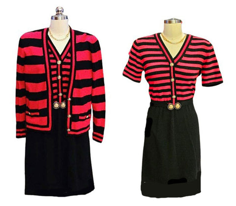 VINTAGE NEIMAN MARCUS DON SAYRES WELLMORE 3-PIECE KNIT ENSEMBLE - RED BLACK STRIPE DRESS, JACKET & BELT - 60S/70S DESIGNER KNIT ENSEMBLE