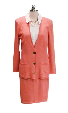 VINTAGE DON SAYERS WELLMORE KNIT SUIT JACKET SKIRT METAL BUTTONS IN CORAL REEF - DESIGNER '80s / '90s