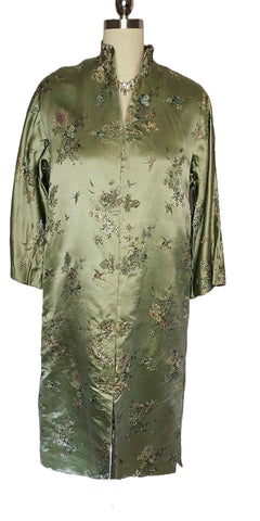 VINTAGE 50S 60S DYNASTY SILK SATIN DRESSING GOWN ROBE JADE WITH CRANES AND BUTTERFLIES MADE IN HONG KONG BRITISH CROWN COLONY