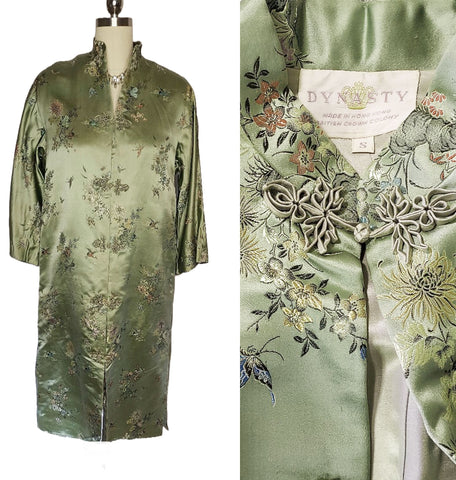 VINTAGE 50S 60S DYNASTY SILK SATIN DRESSING GOWN ROBE JADE WITH CRANES AND BUTTERFLIES MADE IN HONG KONG BRITISH CROWN COLONY