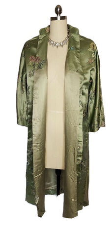 VINTAGE 50S 60S DYNASTY SILK SATIN DRESSING GOWN ROBE JADE WITH CRANES AND BUTTERFLIES MADE IN HONG KONG BRITISH CROWN COLONY