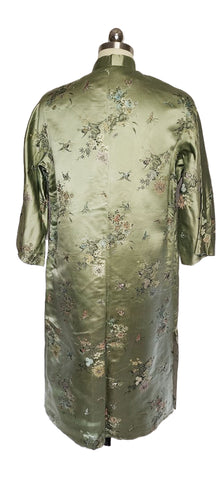 VINTAGE 50S 60S DYNASTY SILK SATIN DRESSING GOWN ROBE JADE WITH CRANES AND BUTTERFLIES MADE IN HONG KONG BRITISH CROWN COLONY