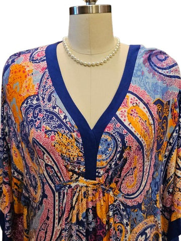 ELLEN TRACY SPANDEX/RAYON PREOWNED PURPLE ORANGE WHITE MAGENTA CAFTAN L/XLARGE