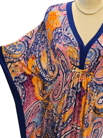 ELLEN TRACY SPANDEX/RAYON PREOWNED PURPLE ORANGE WHITE MAGENTA CAFTAN L/XLARGE