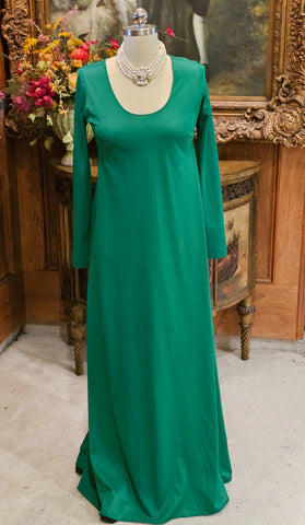 VINTAGE EMERALD GREEN BIAS CUT NIGHTGOWN SILKY NYLON LONG SLEEVE SCOOP NECK