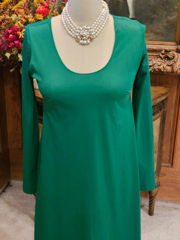 VINTAGE EMERALD GREEN BIAS CUT NIGHTGOWN SILKY NYLON LONG SLEEVE SCOOP NECK