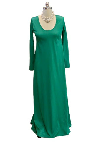 VINTAGE EMERALD GREEN BIAS CUT NIGHTGOWN SILKY NYLON LONG SLEEVE SCOOP NECK