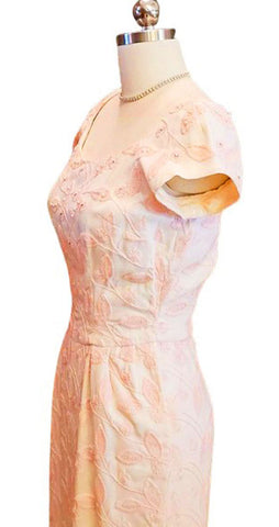 VINTAGE EMMA DOMB IVORY AND PINK EMBROIDERED WIGGLE DRESS SPRINKLED WITH  FAUX PEARLS AND RHINESTONES PLUS A METAL ZIPPER