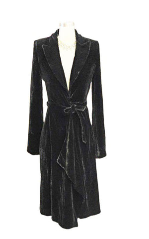 EMPORIO GIORGIO ARMANI BLACK VELVET DRAPED COAT WITH TIE - DIAGONAL FLAP DETAIL FRONT