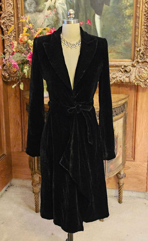 EMPORIO GIORGIO ARMANI BLACK VELVET DRAPED COAT WITH TIE - DIAGONAL FLAP DETAIL FRONT