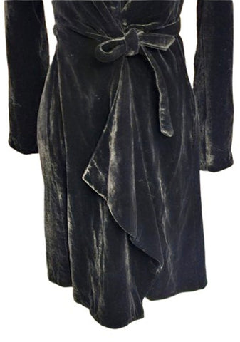 EMPORIO GIORGIO ARMANI BLACK VELVET DRAPED COAT WITH TIE - DIAGONAL FLAP DETAIL FRONT