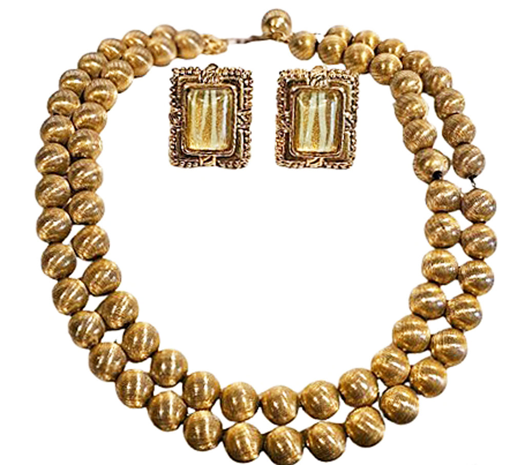 VINTAGE GOLD TEXTURED METAL BEADED 2 ROW NECKLACE WITH MINT GREEN & GOLD EARRINGS