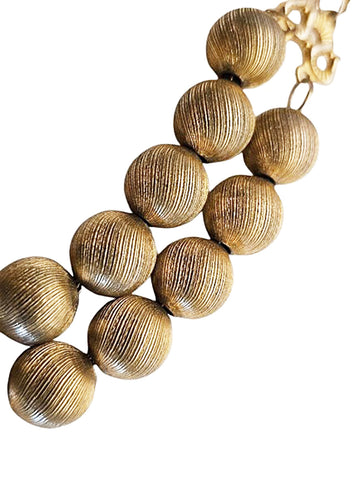 VINTAGE GOLD TEXTURED METAL BEADED 2 ROW NECKLACE WITH MINT GREEN & GOLD EARRINGS