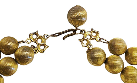 VINTAGE GOLD TEXTURED METAL BEADED 2 ROW NECKLACE WITH MINT GREEN & GOLD EARRINGS