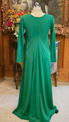 VINTAGE EMERALD GREEN BIAS CUT NIGHTGOWN SILKY NYLON LONG SLEEVE SCOOP NECK