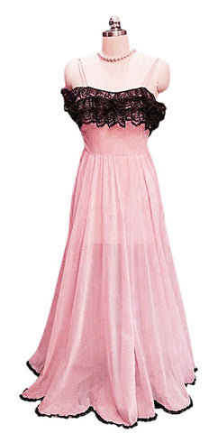 VINTAGE EYE FUL BY "THE FLAUMS" PINK & BLACK LACE RUFFLES NIGHTGOWN WITH SCALLOPED LACE HEM