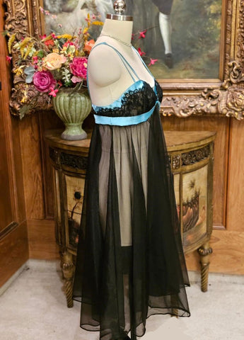 VINTAGE EYE-FUL THE FLAUMS SHEER BLACK AND TURQUOISE SATIN EYELASH LACE