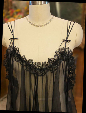 VINTAGE 1X FARIS JET BLACK SHEER NYLON RUFFLED BABY DOLL SHORTY PAJAMA