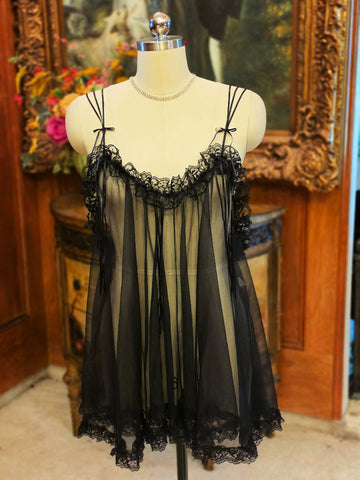 VINTAGE 1X FARIS JET BLACK SHEER NYLON RUFFLED BABY DOLL SHORTY PAJAMA