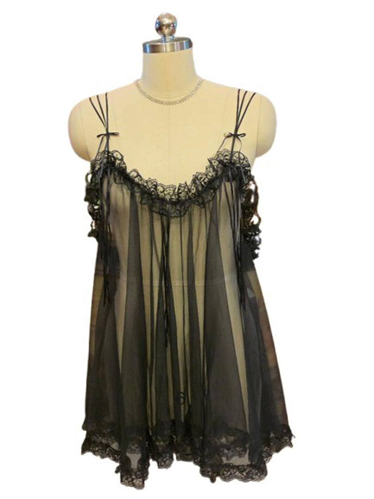 VINTAGE 1X FARIS JET BLACK SHEER NYLON RUFFLED BABY DOLL SHORTY PAJAMA