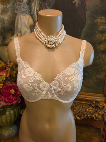 VINTAGE LACE EMBROIDERED UNDERWIRE SHEER BRA WHITE FLORAL LATE 80S EARLY 90S 34D