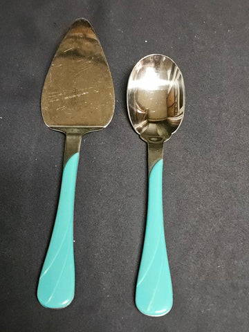 VINTAGE FIESTA HOMER LAUGHLIN TURQUOISE SWIRL HANDLE CAKE SERVER & SERVING SPOON SET 1990s