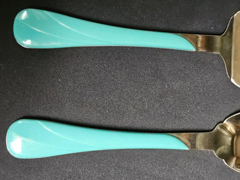 VINTAGE FIESTA HOMER LAUGHLIN TURQUOISE SWIRL HANDLE CAKE SERVER & SERVING SPOON SET 1990s