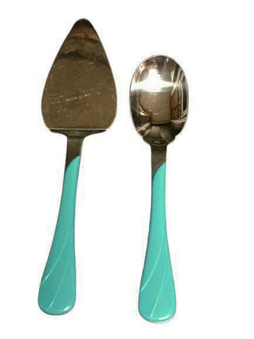 VINTAGE FIESTA HOMER LAUGHLIN TURQUOISE SWIRL HANDLE CAKE SERVER & SERVING SPOON SET 1990s