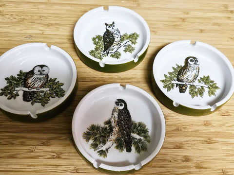 VINTAGE 1960S 1970S FITZ AND FLOYD HOOTY OWLS ASH TRAYS SET TRINKET DISH, NUT DISHES, CANDY DISHES