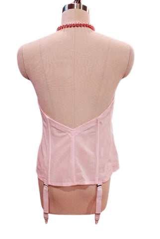 GLAMOROUS VINTAGE LARGE NEW FREDERICK'S LARGE SIZE PINK MERRY WIDOW FOUNDATION WITH LACE MEETAL GARTERS AND MATCHING THONG