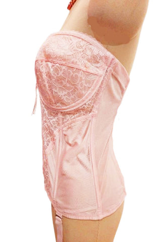 GLAMOROUS VINTAGE LARGE NEW FREDERICK'S LARGE SIZE PINK MERRY WIDOW FOUNDATION WITH LACE MEETAL GARTERS AND MATCHING THONG