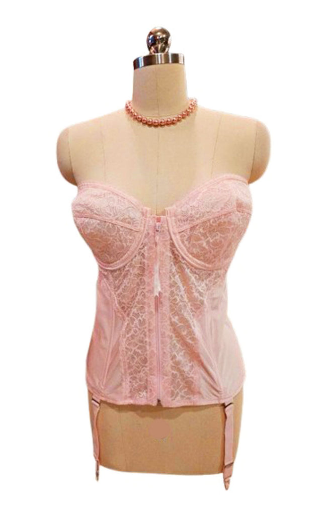 GLAMOROUS VINTAGE LARGE NEW FREDERICK'S LARGE SIZE PINK MERRY WIDOW FOUNDATION WITH LACE MEETAL GARTERS AND MATCHING THONG