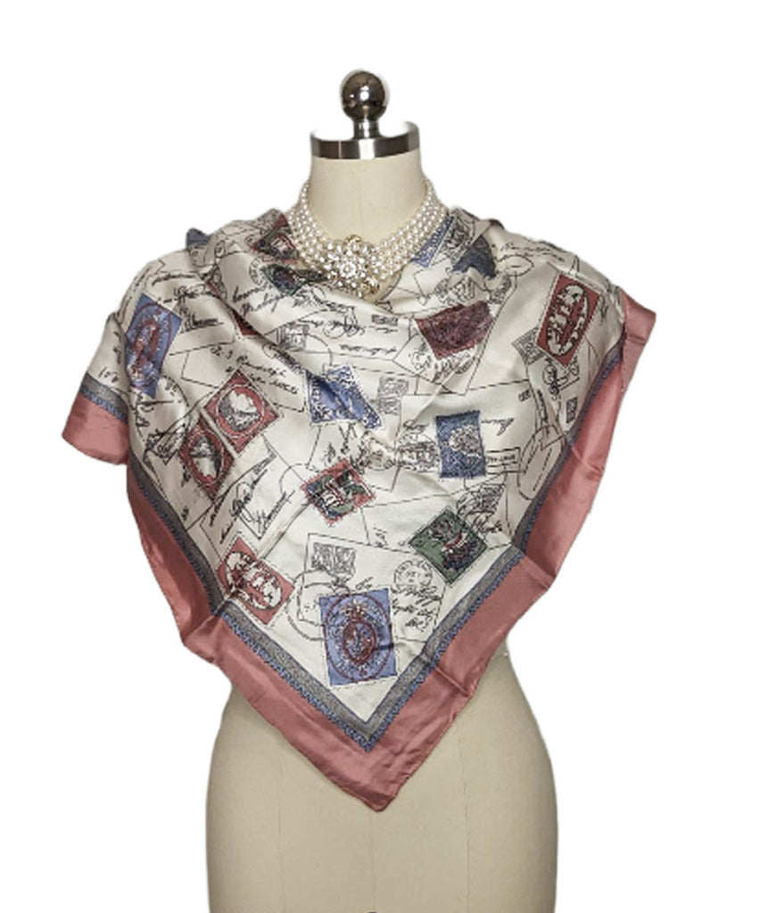 *  VINTAGE GINNIE JOHANSEN CANCELED POSTAGE LETTERS AND STAMPS LARGE SILK SCARF WRAP TOP