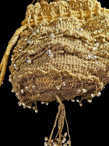 VINTAGE NEW "AN ORIGINAL BY MOLLIE" GOLD CROCHETED EVENING PURSE SPARKLING JEWELED TASSEL