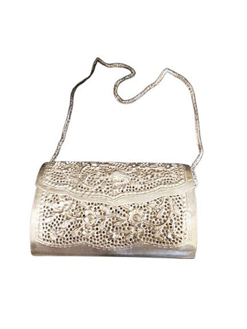 VINTAGE PIERCED METAL EVENING PURSE - BIRD & FLORAL DESIGN - SHOULDER OR CLUTCH