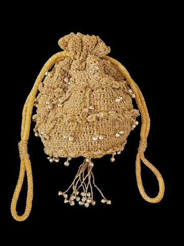 VINTAGE NEW "AN ORIGINAL BY MOLLIE" GOLD CROCHETED EVENING PURSE SPARKLING JEWELED TASSEL
