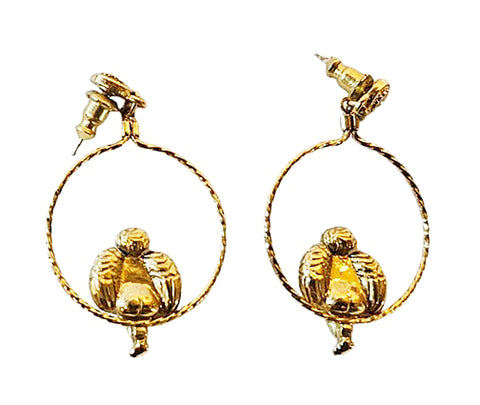 VINTAGE CHERUB ANGEL GOLD-TONE AND PEARL HOOP EARRINGS