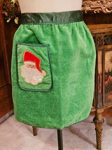 VINTAGE '60s -'70s CHRISTMAS SPARKLING SANTA CLAUS VELVETY & TERRY APRON WITH SATIN TRIM