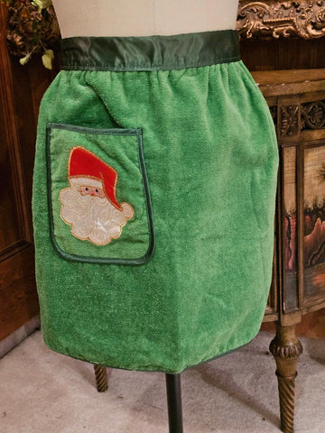 VINTAGE '60s -'70s CHRISTMAS SPARKLING SANTA CLAUS VELVETY & TERRY APRON WITH SATIN TRIM